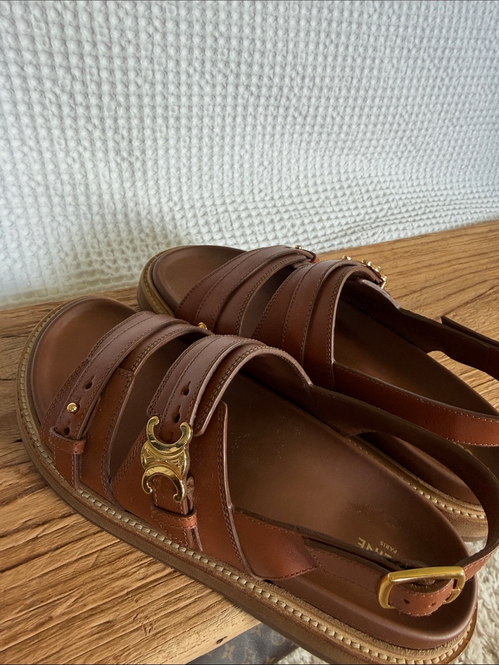 Celine Triple-Strap Brown Leather Sandals with Gold Buckles